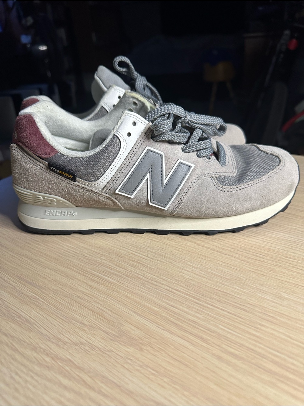 New Balance 574 Gray White Burgundy Athletic Sneakers